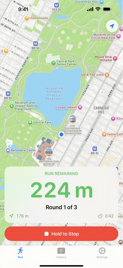 iPhone Run screen showing 224 m of the run remaining, round 1 of 3, over a map of the route