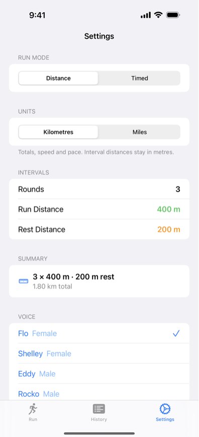 Settings: Distance or Timed, kilometres or miles, rounds, run and rest distance, and the four coach voices