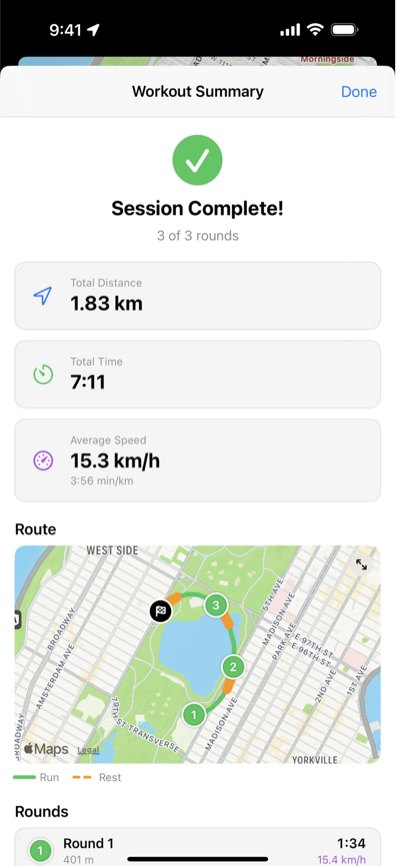 Workout Summary: Session Complete, 1.83 km in 7:11 at 15.3 km/h, with a route map