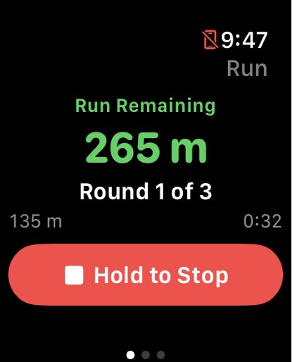 Apple Watch showing 265 m run remaining, round 1 of 3, with a Hold to Stop button